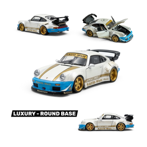 Lot57Supplies Diecast Shop: Matte white 1:64 scale PGM RWB 930 luxury diecast model car with gold accents and blue trim.