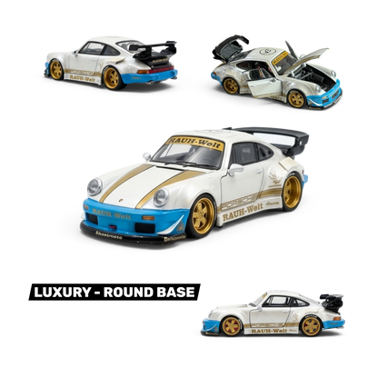 Lot57Supplies Diecast Shop: Matte white 1:64 scale PGM RWB 930 luxury diecast model car with gold accents and blue trim.