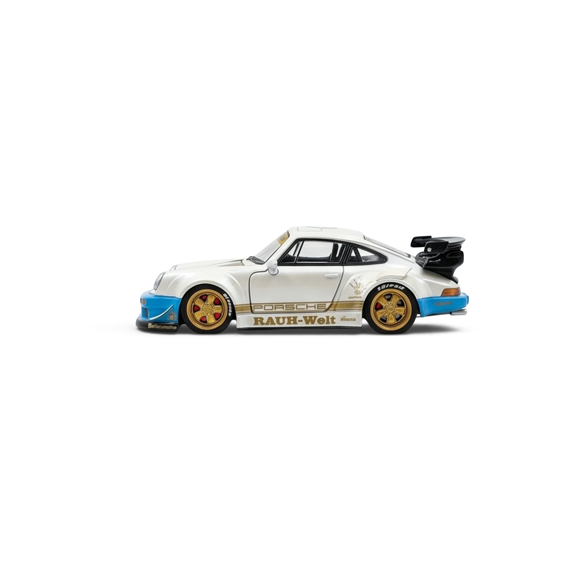 Lot57Supplies Diecast Shop 1:64 scale matte white PGM RWB 930 luxury version diecast model car with gold wheels and blue accents.