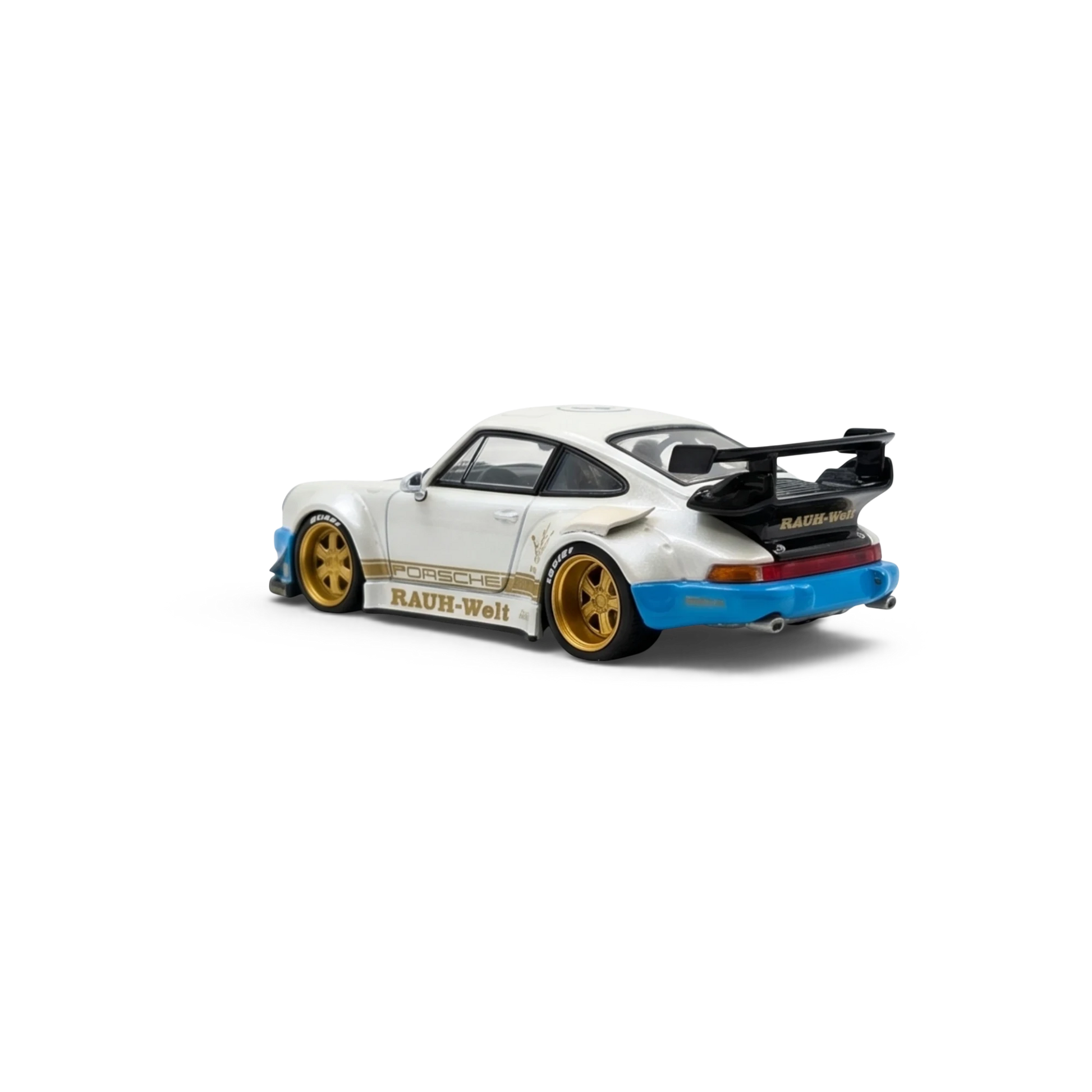 Lot57Supplies Diecast Shop 1:64 scale matte white PGM RWB 930 luxury version diecast model car with gold wheels and blue accents.
