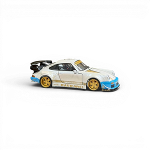Lot57Supplies Diecast Shop PGM RWB 930 1:64 scale model in matte white with gold and blue accents, featuring a large rear spoiler.