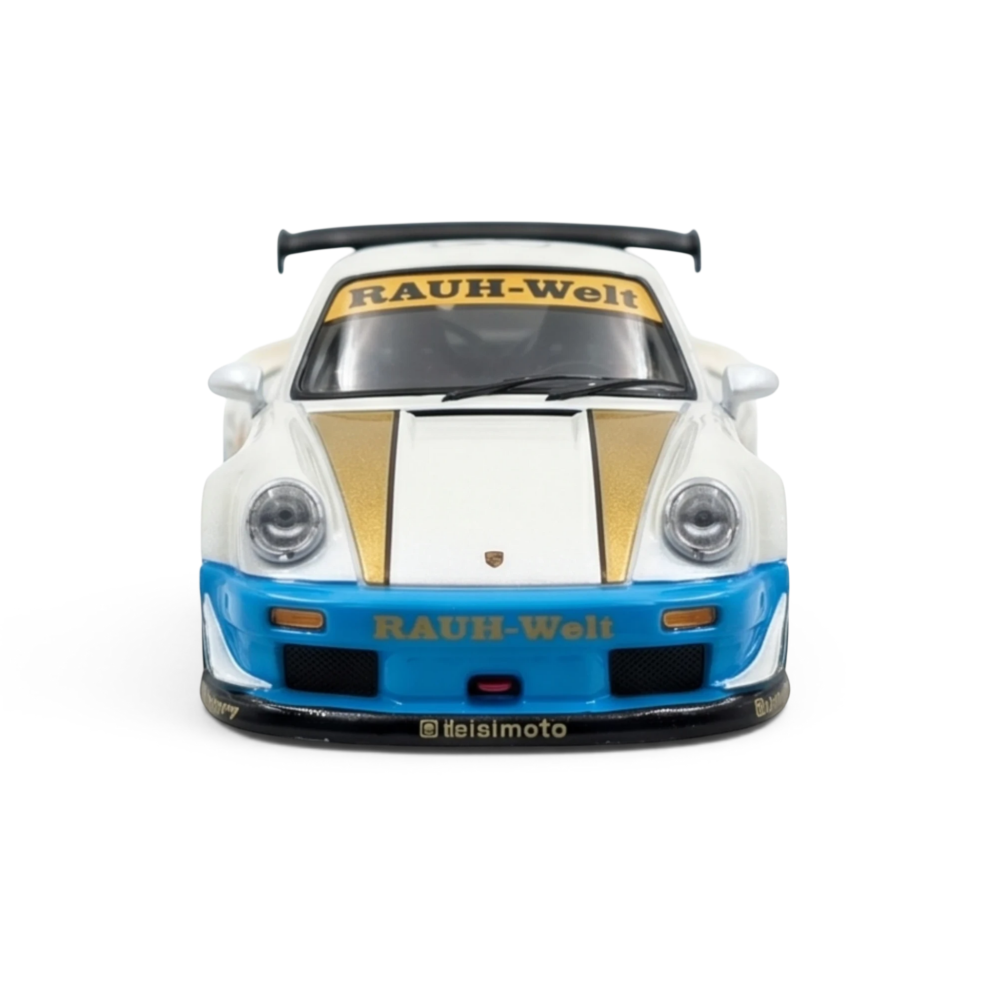 Lot57Supplies Diecast Shop PGM RWB 930 luxury version 1:64 scale model in matte white with gold and blue accents.