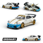 Lot57Supplies Diecast Shop PGM RWB 930 1:64 scale model in matte white with gold and blue accents. Features a large rear spoiler and detailed interior.