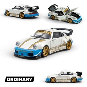 Lot57Supplies Diecast Shop PGM RWB 930 1:64 scale model in matte white with gold and blue accents. Features a large rear spoiler and detailed interior.