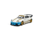 Lot57Supplies Diecast Shop PGM RWB 930 1:64 scale model in matte white with gold stripes and blue accents. Features detailed engine bay.