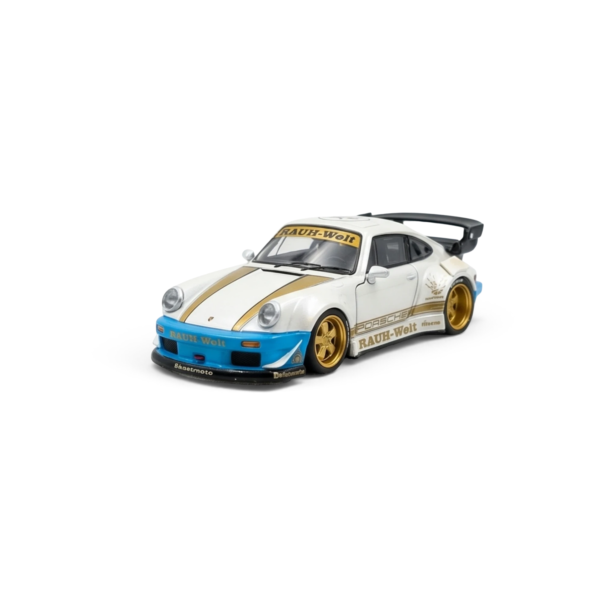 Lot57Supplies Diecast Shop PGM RWB 930 1:64 scale model in matte white with gold stripes and blue accents. Features detailed engine bay.