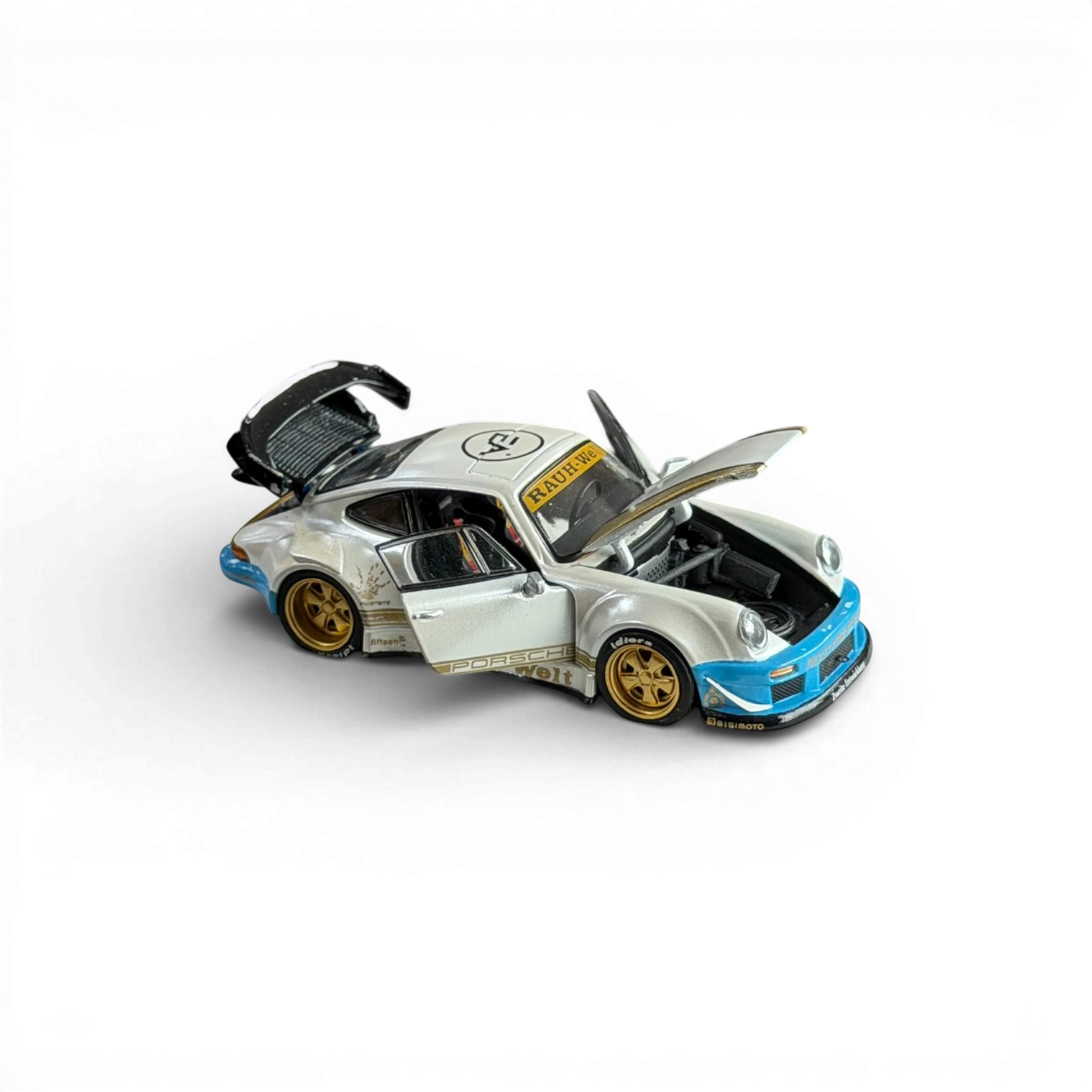 Lot57Supplies Diecast Shop 1:64 scale matte white PGM RWB 930 model car with gold rims, blue accents, and open hood and doors.