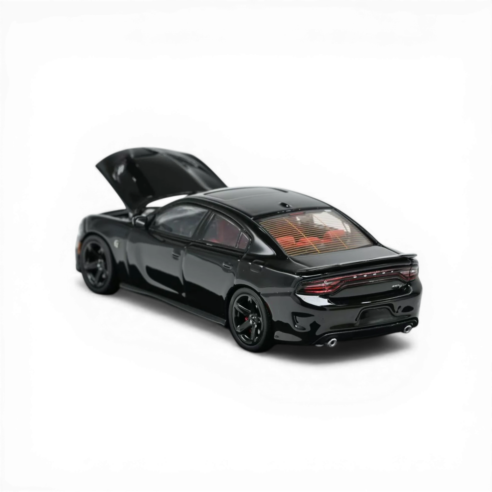 Lot57Supplies Diecast Shop 1:64 scale Pitch Black 2023 Dodge Charger SRT Hellcat model car with open hood and red interior.