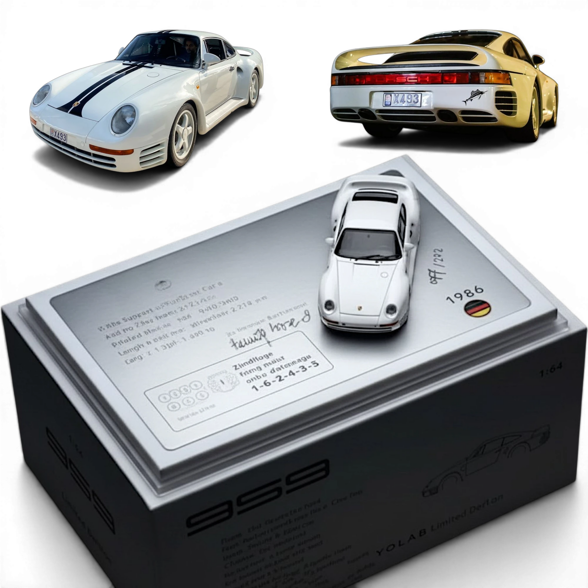 Lot57Supplies Diecast Shop: White 1:64 scale resin model of a Porsche 959 with dark blue stripes, presented on a display base.