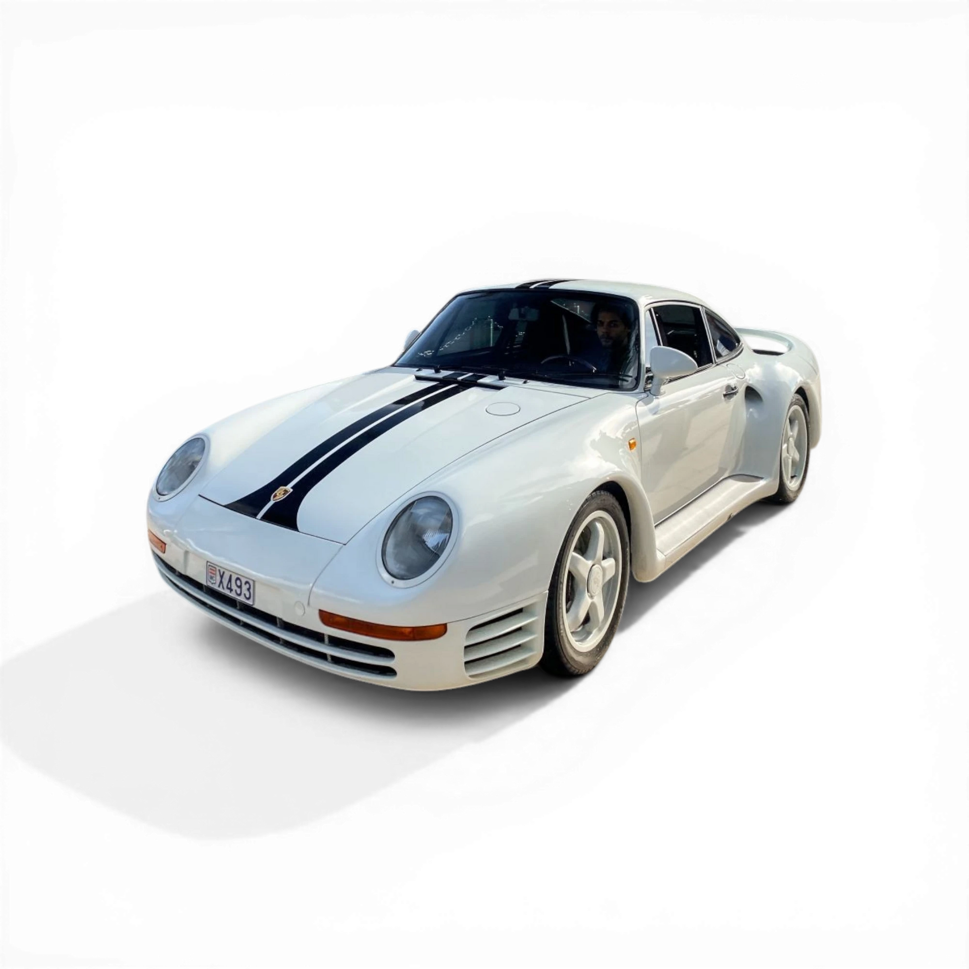 Lot57Supplies Diecast Shop: Petrolab x EDM 1:64 scale white Porsche 959 with dark blue racing stripes and large base.