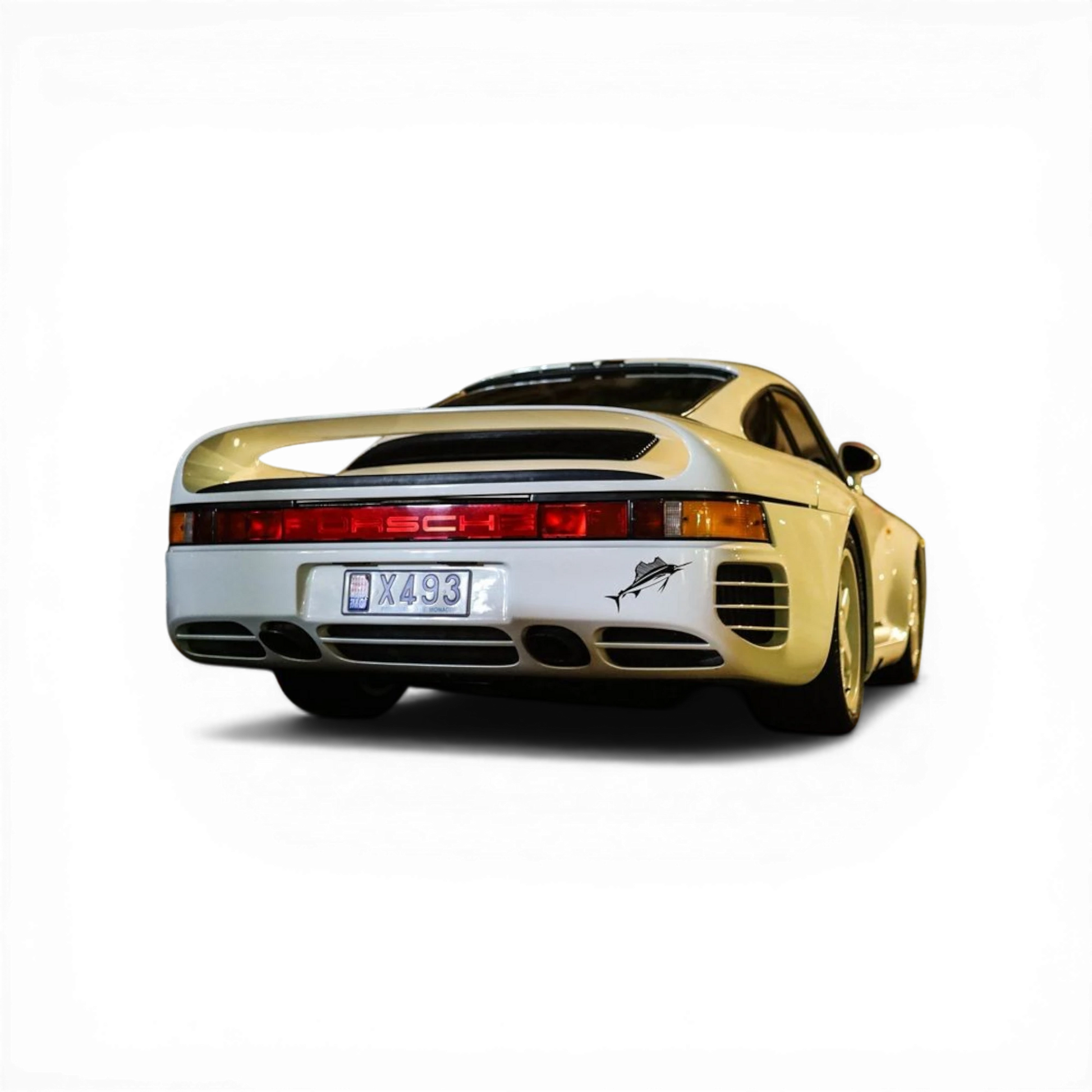 Lot57Supplies Diecast Shop: Petrolab x EDM Porsche 959 1:64 scale model, white with dark blue stripes and sailfish decal.