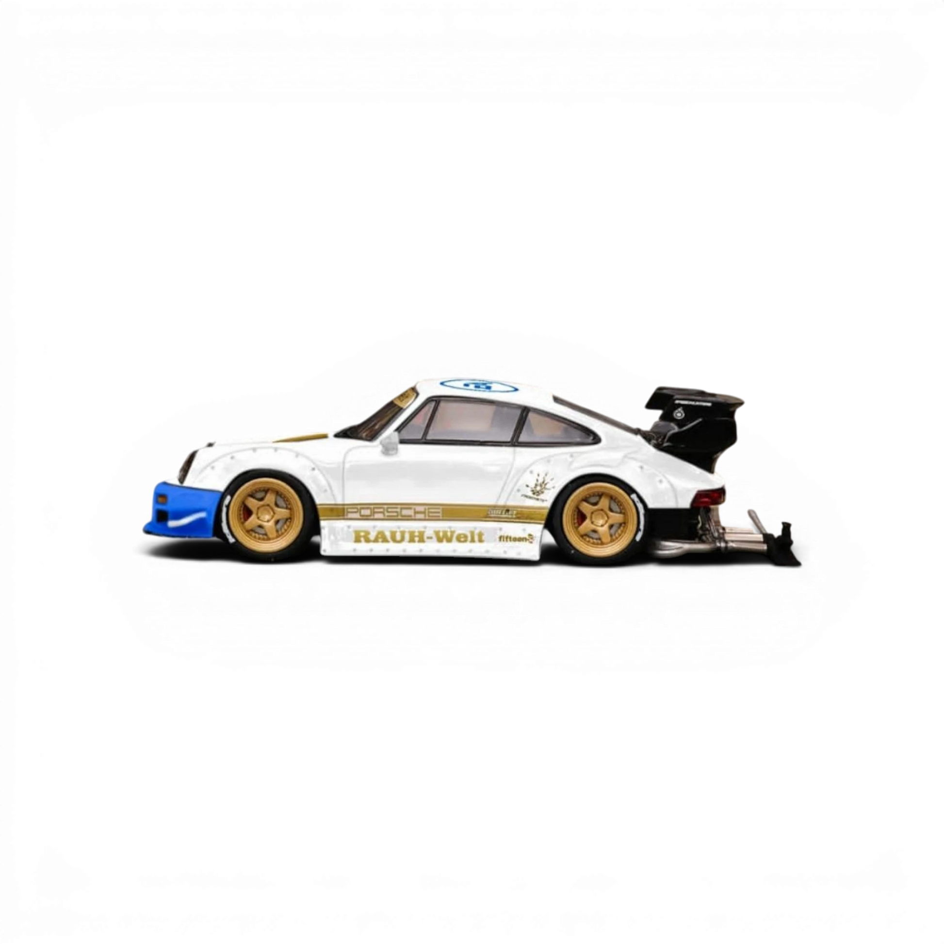 Lot57Supplies Diecast Shop 1:64 scale white Star Model Porsche RWB 930 GT Wing with blue accents and gold wheels.