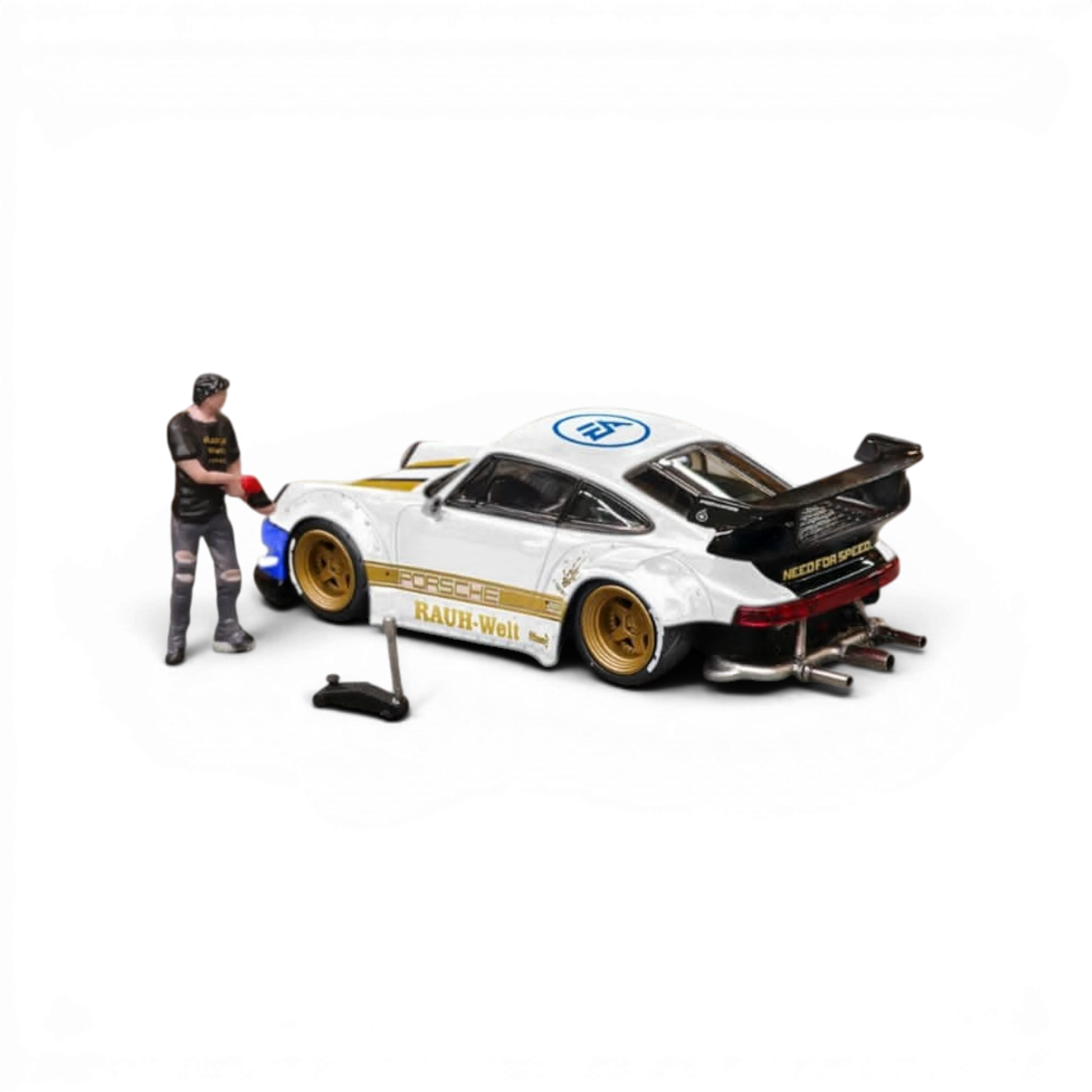 Lot57Supplies Diecast Shop 1:64 scale white Porsche RWB 930 with gold rims, black GT wing, and NFS livery. Includes figure.