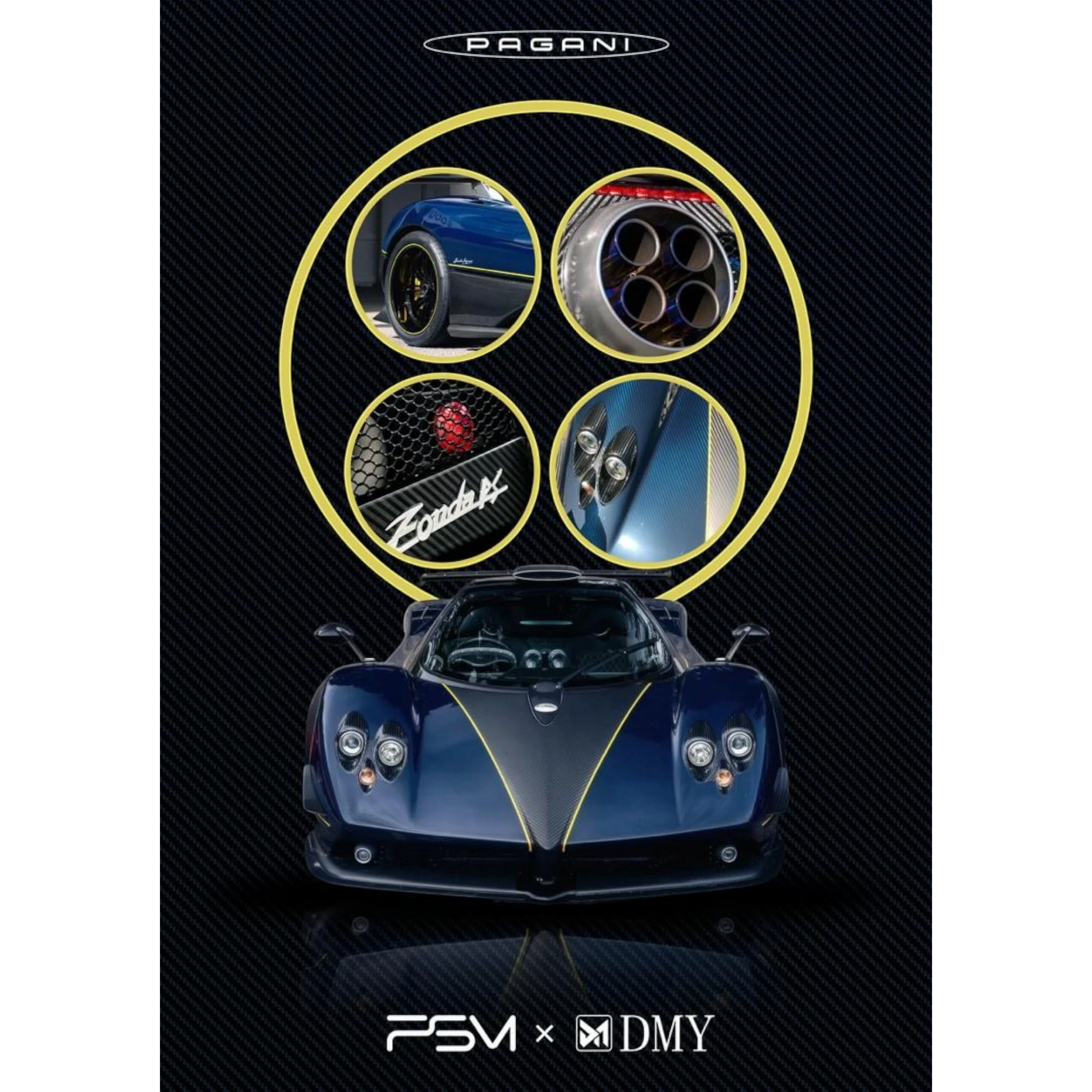 Lot57Supplies Diecast Shop: PSM x DMY 1:64 blue full carbon Pagani Zonda PS model car with yellow accents.