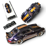 Lot57Supplies Diecast Shop 1:64 scale dark blue resin Porsche Singer DLS model car with gold stripes and a rear spoiler.