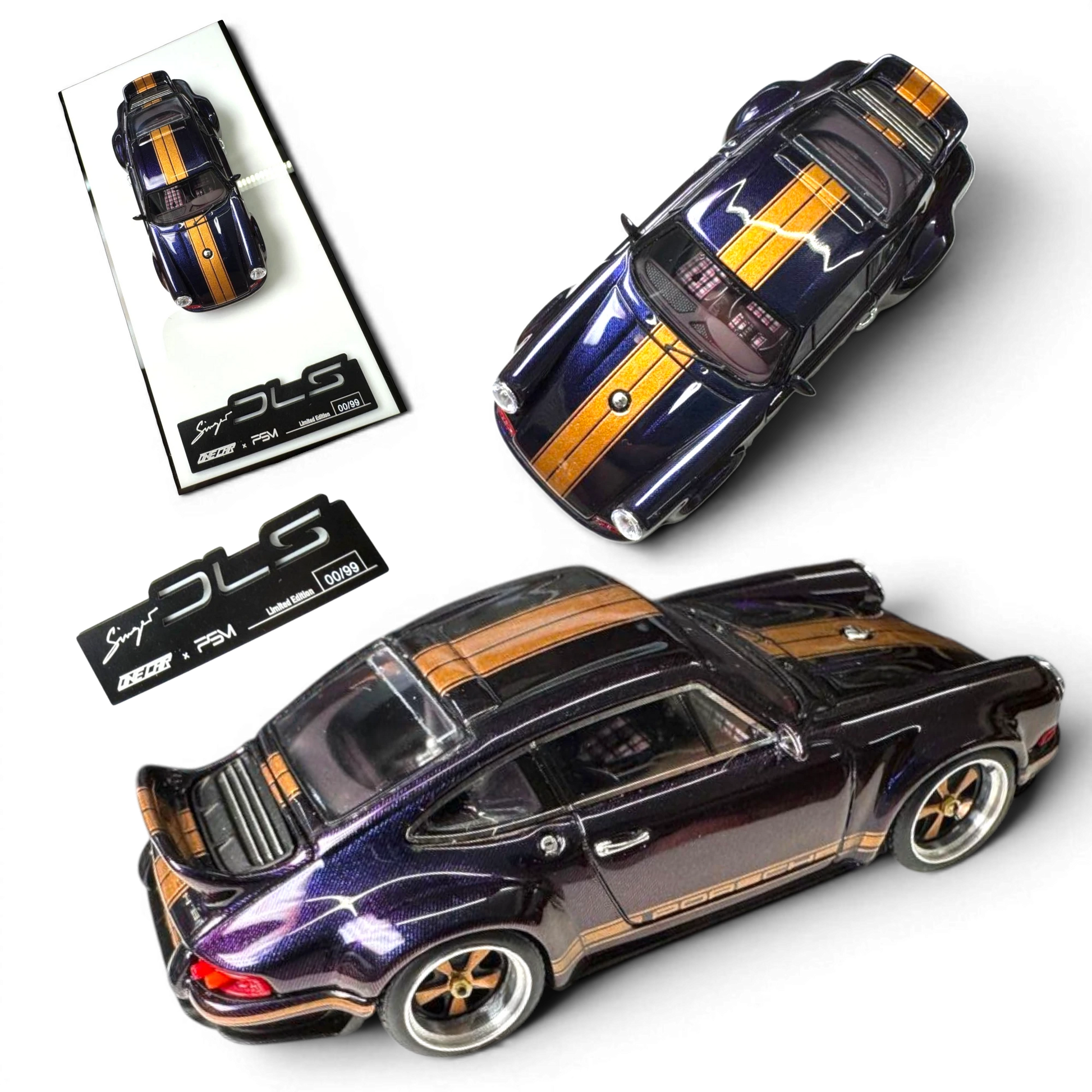 Lot57Supplies Diecast Shop 1:64 scale dark blue resin Porsche Singer DLS model car with gold stripes and a rear spoiler.