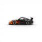 Lot57Supplies Diecast Shop 1:64 scale black Porsche RWB 997 with orange burning flame livery and widebody kit.