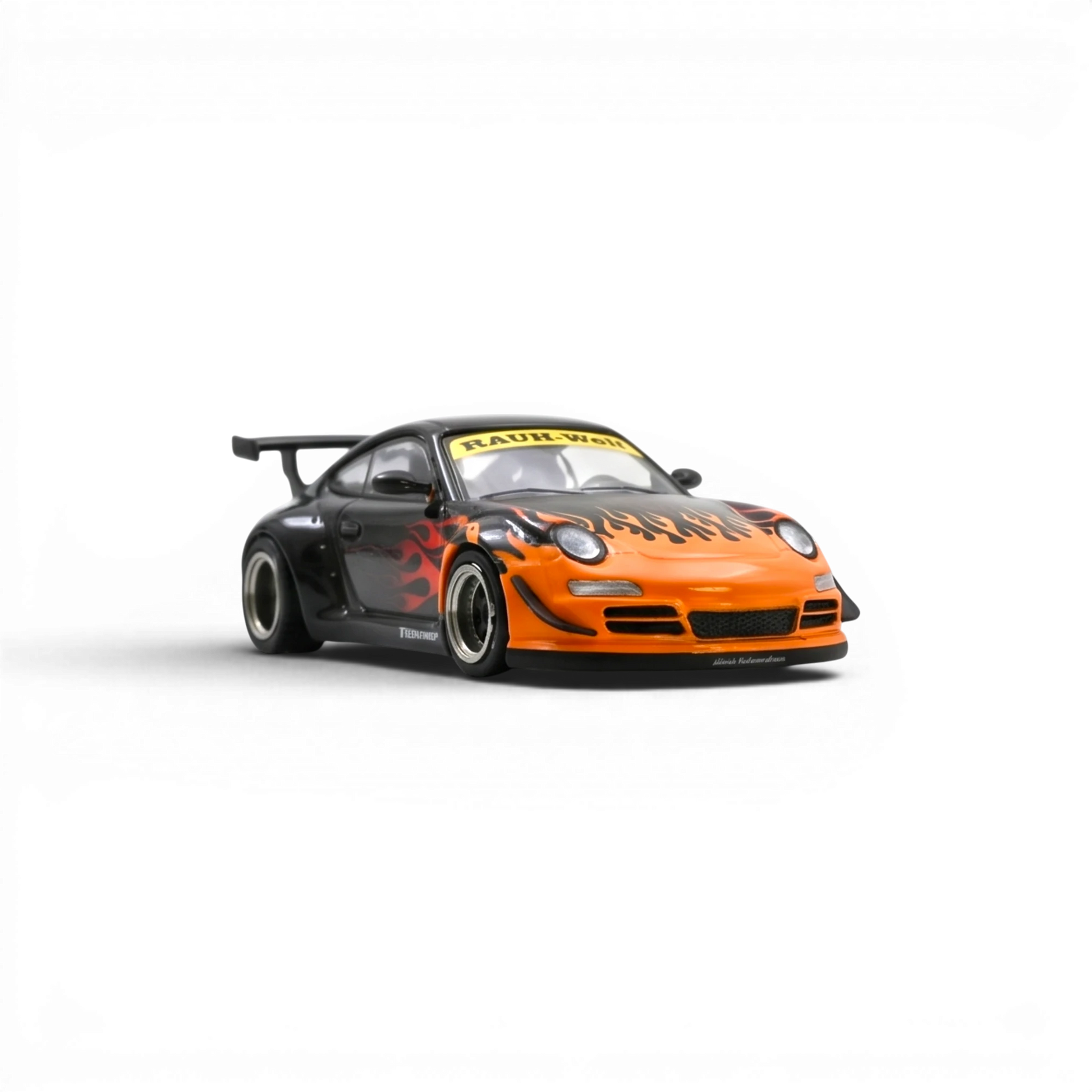 Lot57Supplies Diecast Shop 1:64 scale orange and black Porsche RWB 997 diecast model with flame graphics and widebody kit.