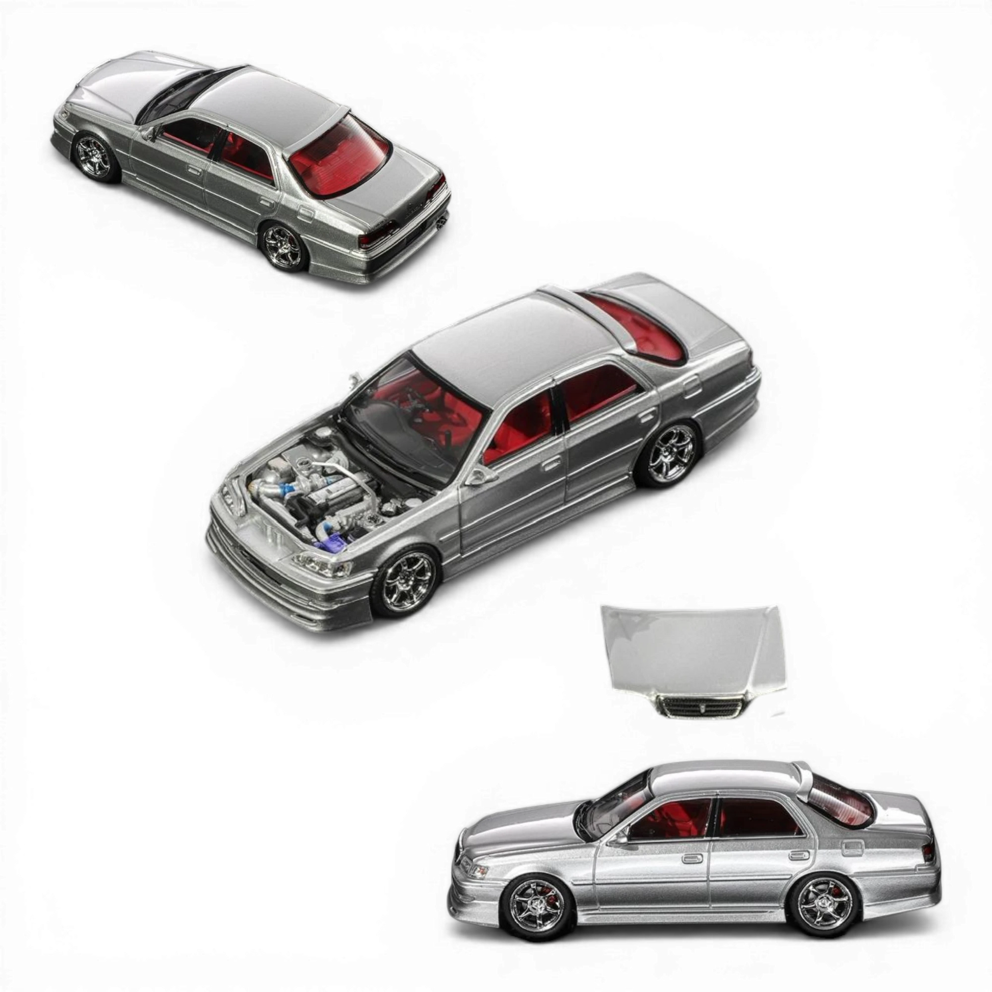 Lot57Supplies Diecast Shop silver 1:64 scale diecast model car with red interior and detailed engine.