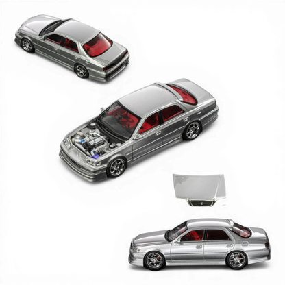 Lot57Supplies Diecast Shop silver 1:64 scale diecast model car with red interior and detailed engine.
