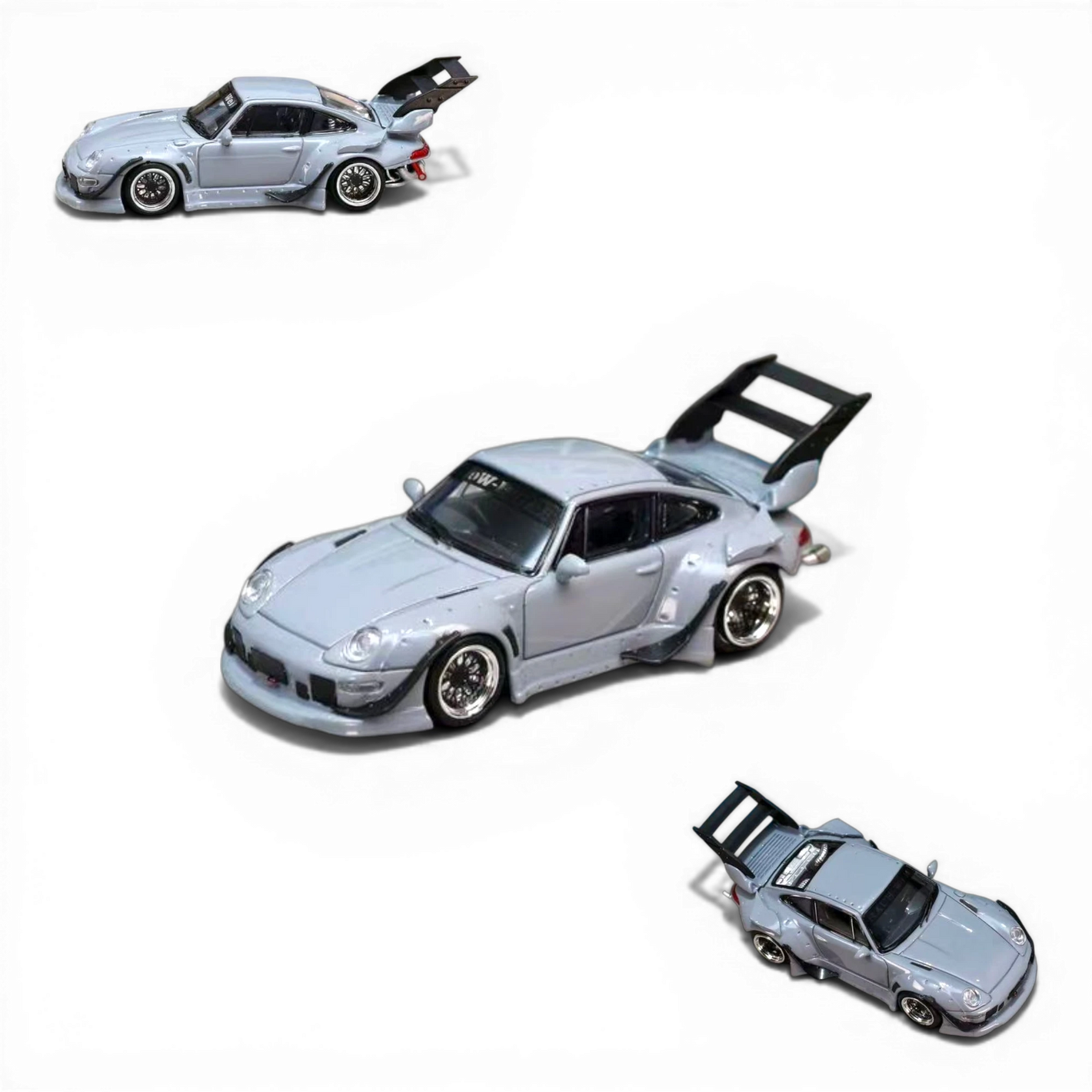 Lot57Supplies Diecast Shop: Street Weapon RWB 993 Porsche, 1:64 scale, cement grey diecast model with high tail spoiler.