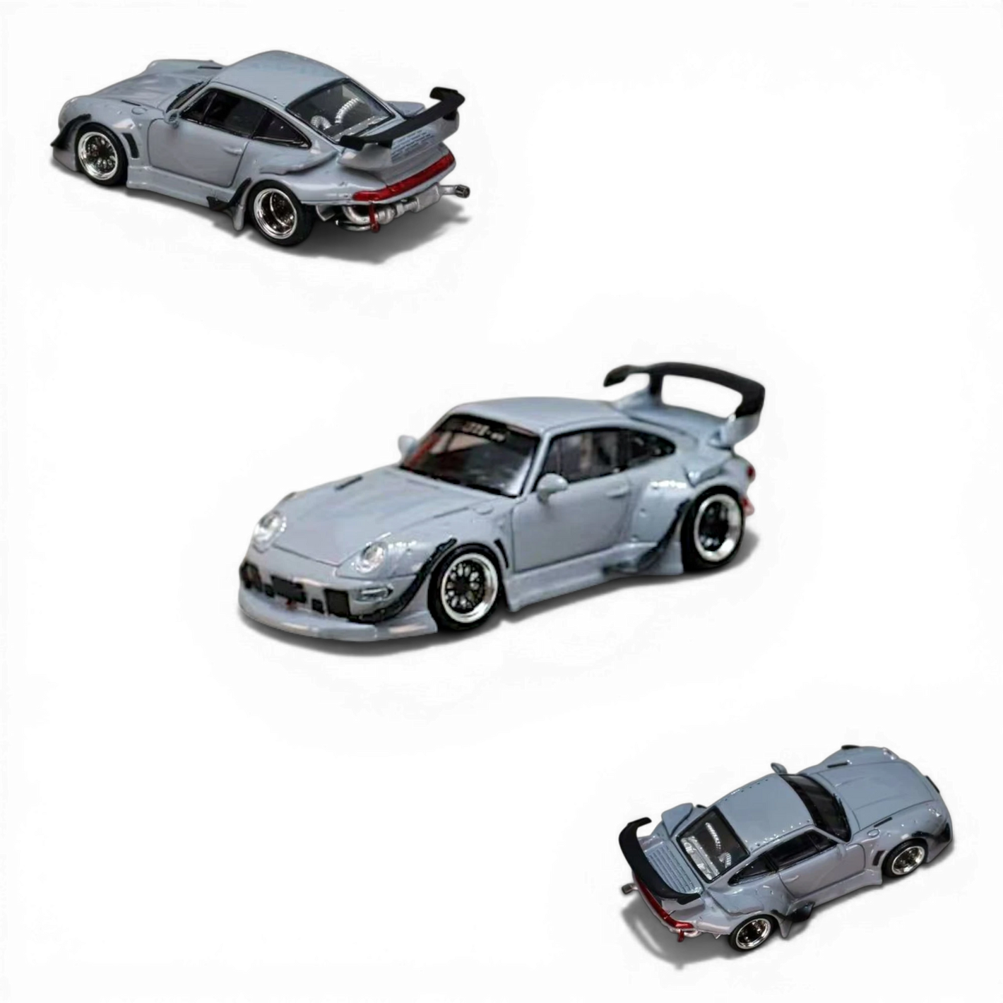 Lot57Supplies Diecast Shop: Street Weapon RWB 993 Porsche model car in cement grey, 1:64 scale diecast with low tail spoiler.