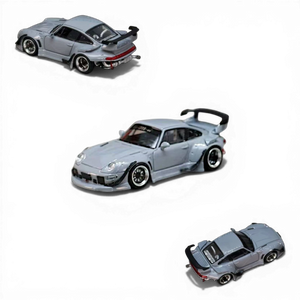 Lot57Supplies Diecast Shop: Street Weapon RWB 993 Porsche model car in cement grey, 1:64 scale diecast with low tail spoiler.