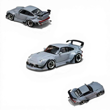 Lot57Supplies Diecast Shop: Street Weapon RWB 993 Porsche model car in cement grey, 1:64 scale diecast with low tail spoiler.