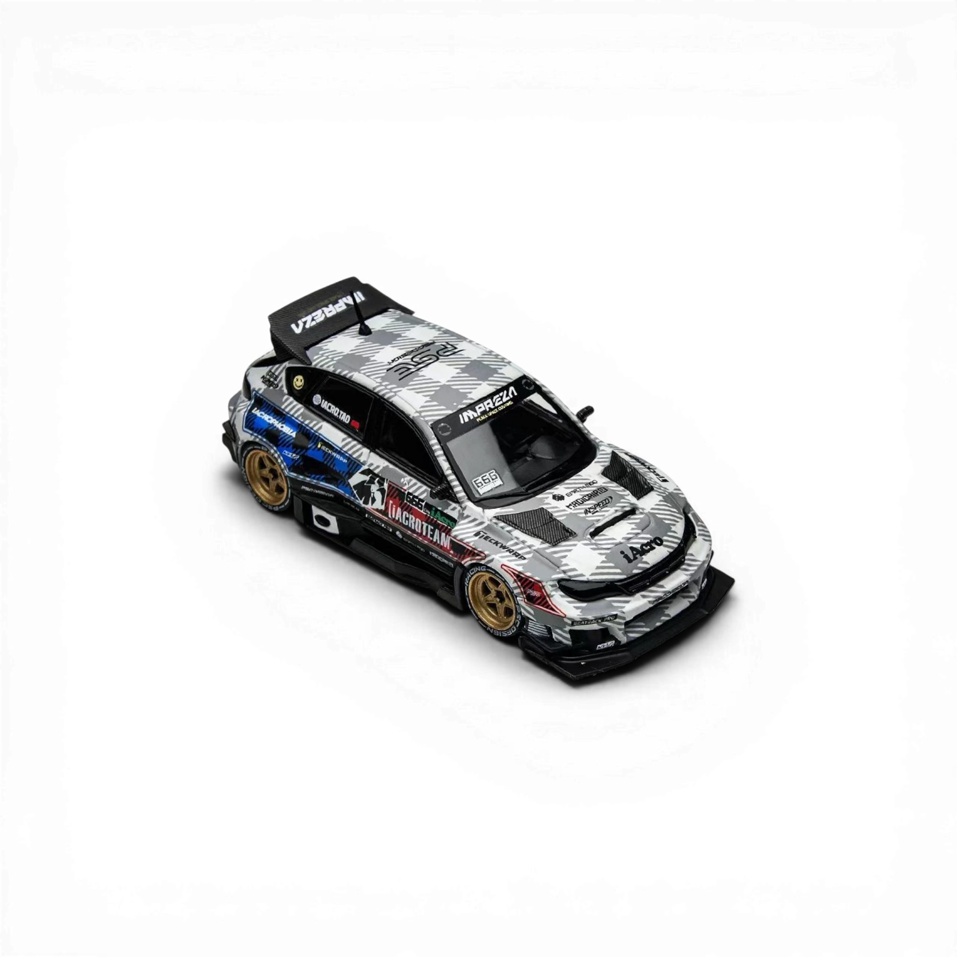 Lot57Supplies Diecast Shop 1:64 scale TimeMicro x PSC Design Subaru Impreza Raider diecast model with grey plaid livery and racing decals.