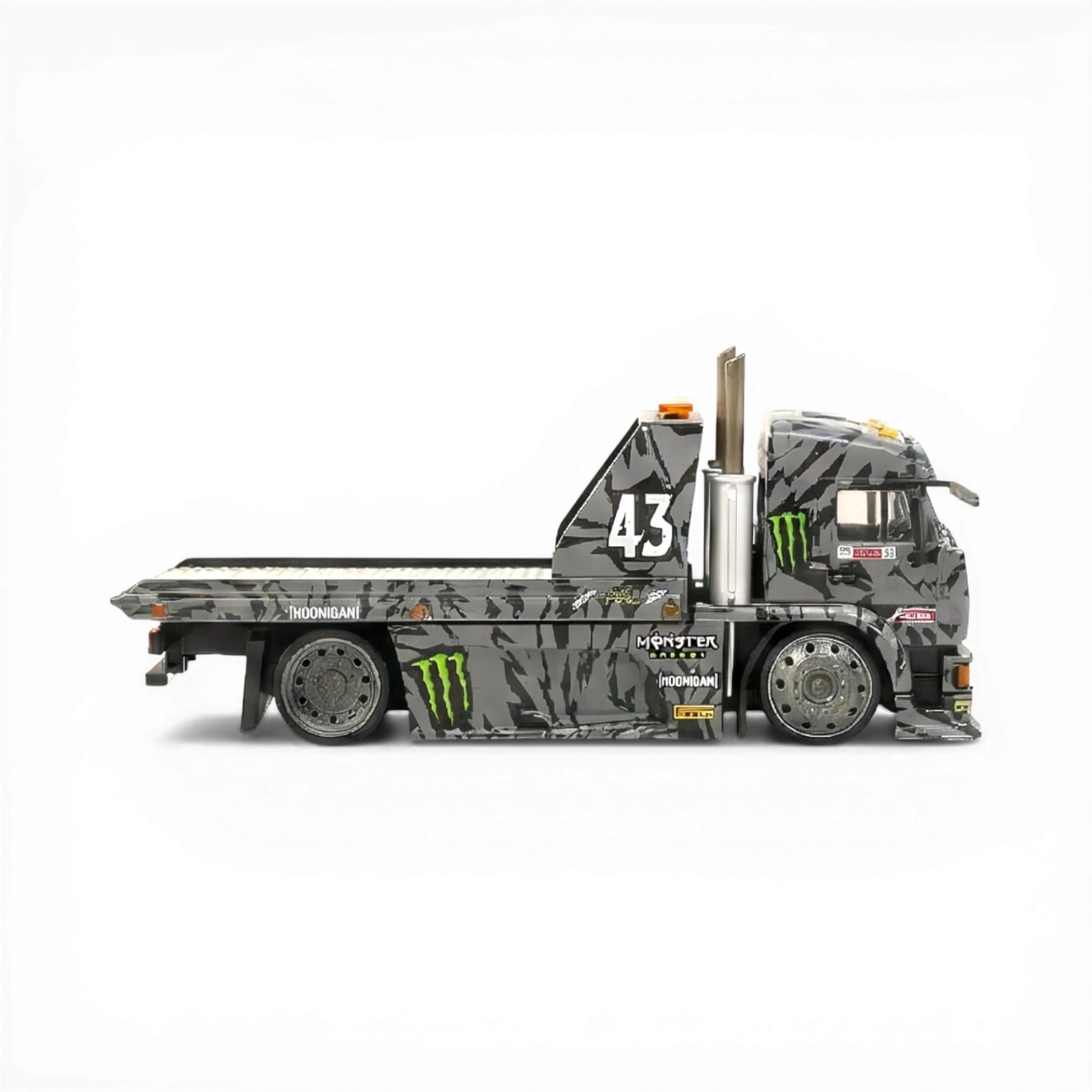 Lot57Supplies Diecast Shop SW KamaZ tow truck, 1:64 scale, diecast metal, grey camouflage livery with Monster Energy logos and number 43.