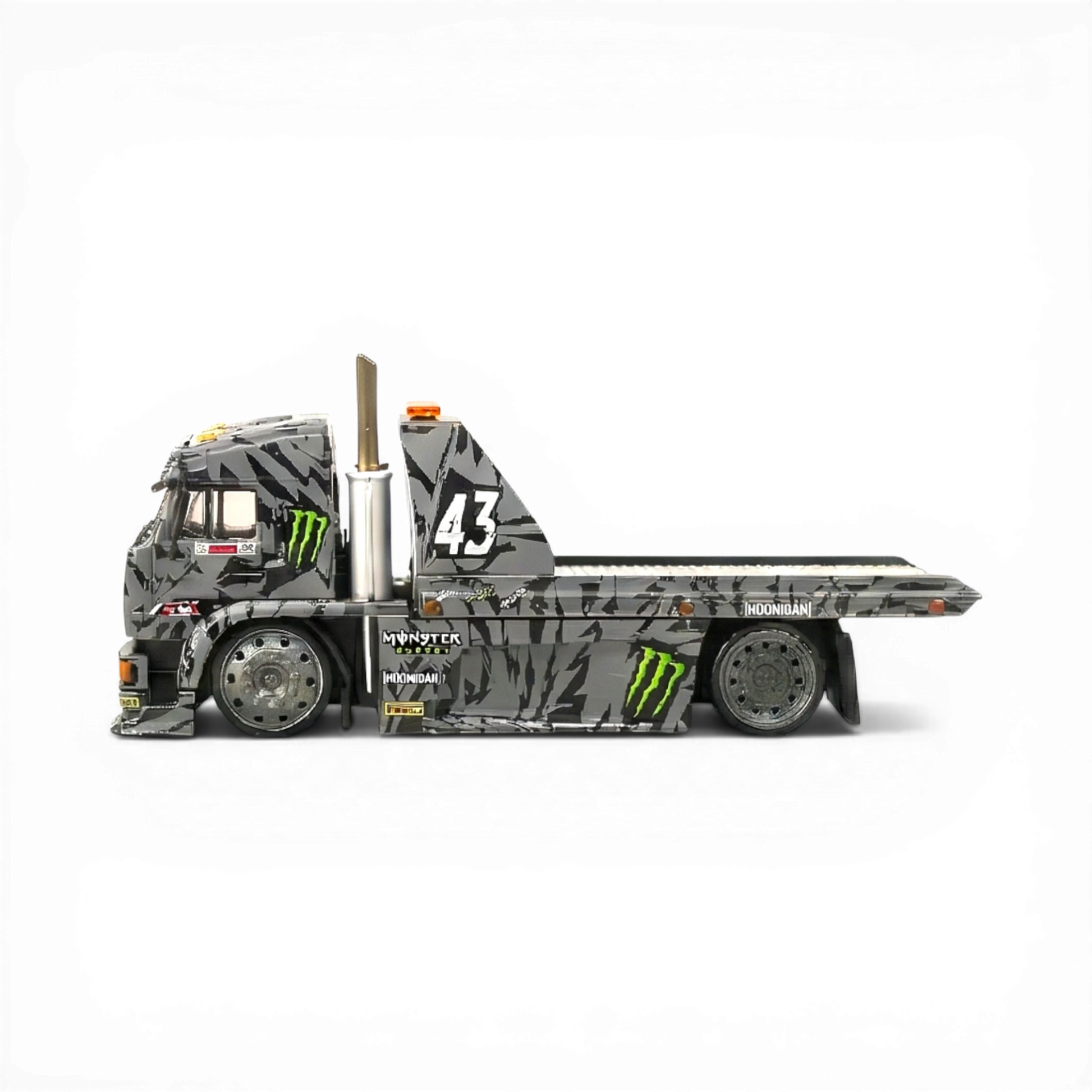 Lot57Supplies Diecast Shop: SW KamaZ tow truck, 1:64 scale, diecast, grey tiger stripe livery with Monster Energy logos and number 43.