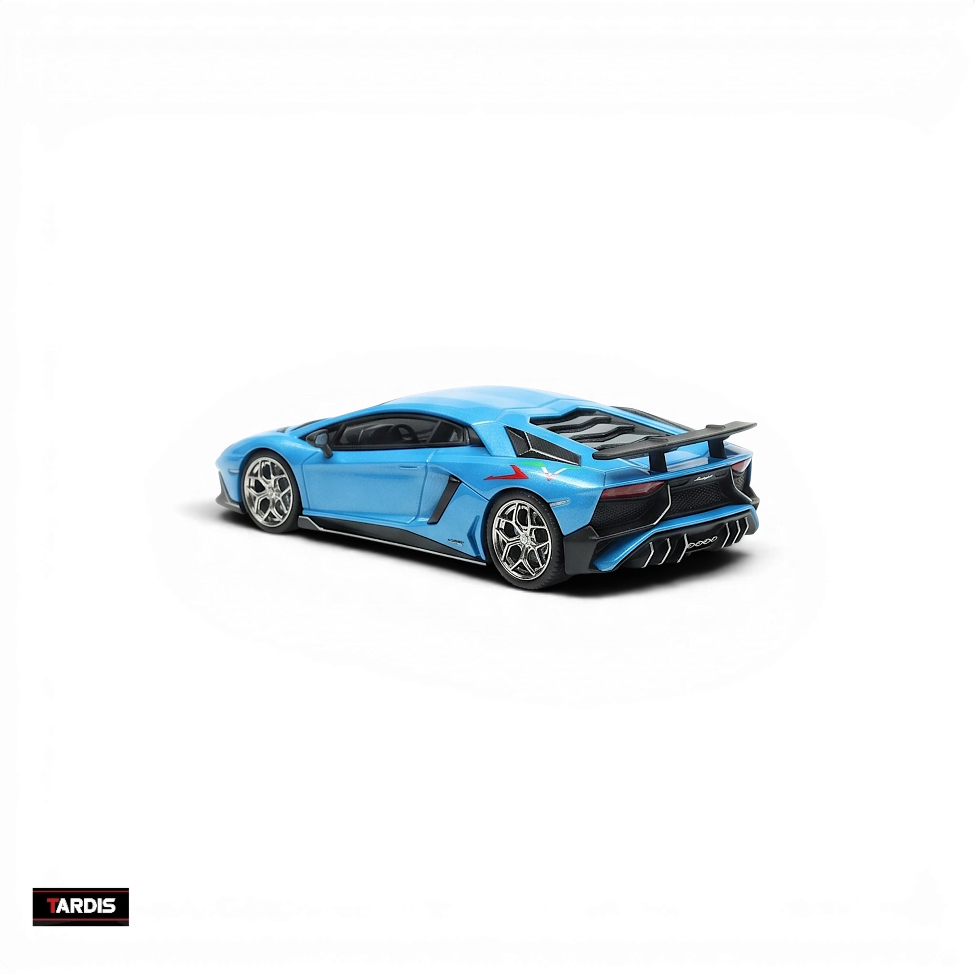 TARDIS Lamborghini LP750-4SV resin model car in Azzurro Pearl, 1:64 scale, rear three-quarter view from Lot57Supplies