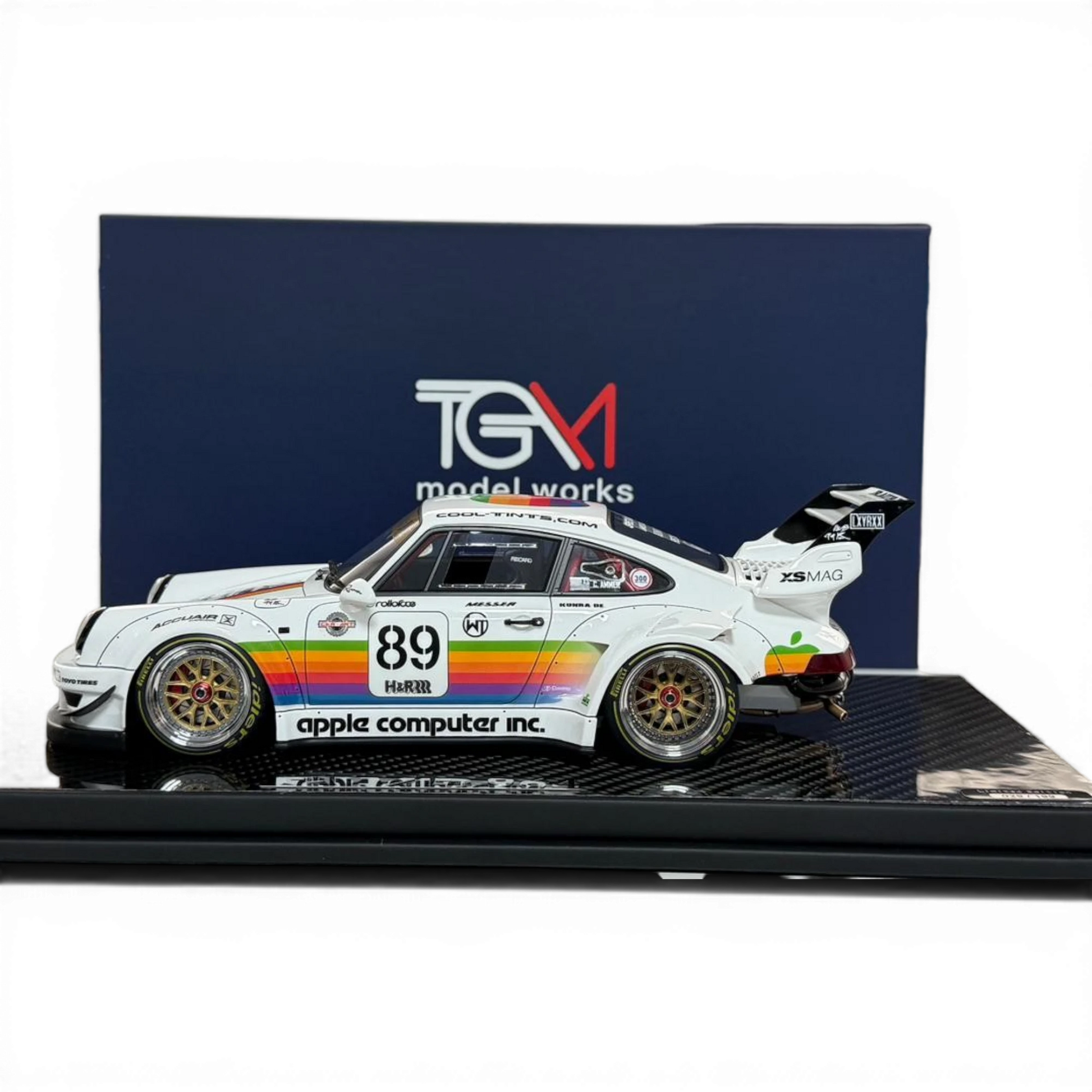 Lot57Supplies Diecast Shop: 1:18 scale TGM resin model Porsche RWB 964 with Apple Computer livery, rainbow stripe, #89, and gold BBS wheels.