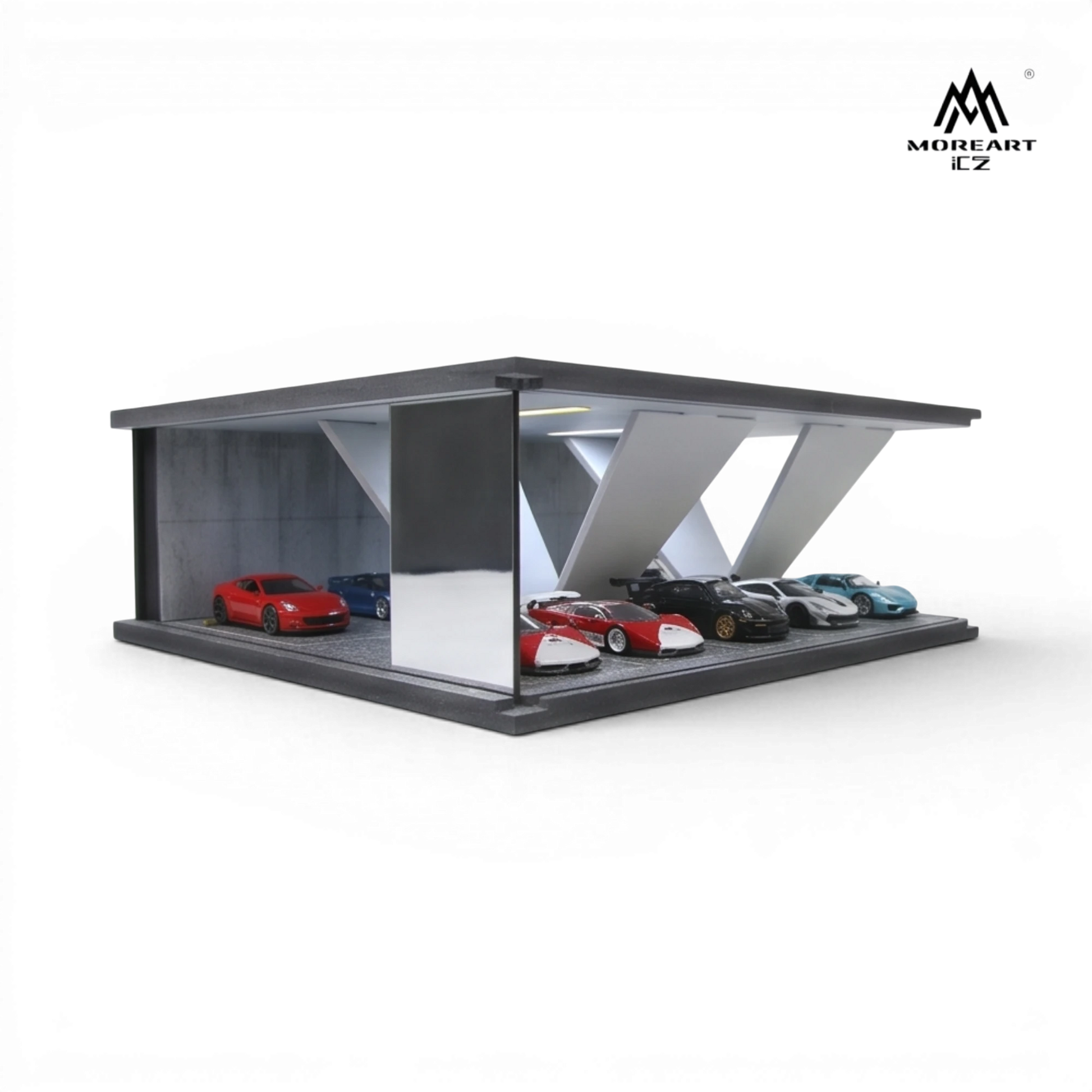 Lot57Supplies Diecast Shop 1:64 scale underground parking garage display with LED lighting and concrete walls.