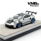 Lot57Supplies Diecast Shop VMB 992 GT3 RS 1:64 scale model in metallic silver with black racing stripes and blue wheels.
