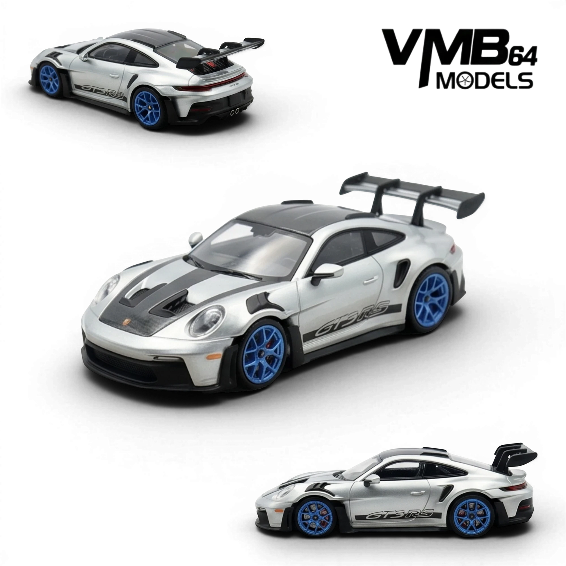 Lot57Supplies Diecast Shop VMB 992 GT3 RS 1:64 scale model in metallic silver with blue wheels and GT3 RS decals.