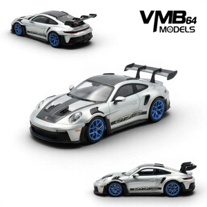Lot57Supplies Diecast Shop VMB 992 GT3 RS 1:64 scale model in metallic silver with blue wheels and GT3 RS decals.