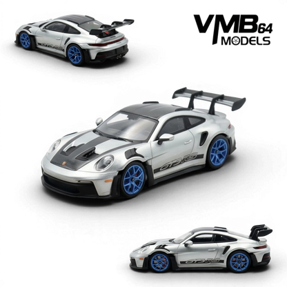 Lot57Supplies Diecast Shop VMB 992 GT3 RS 1:64 scale model in metallic silver with blue wheels and GT3 RS decals.