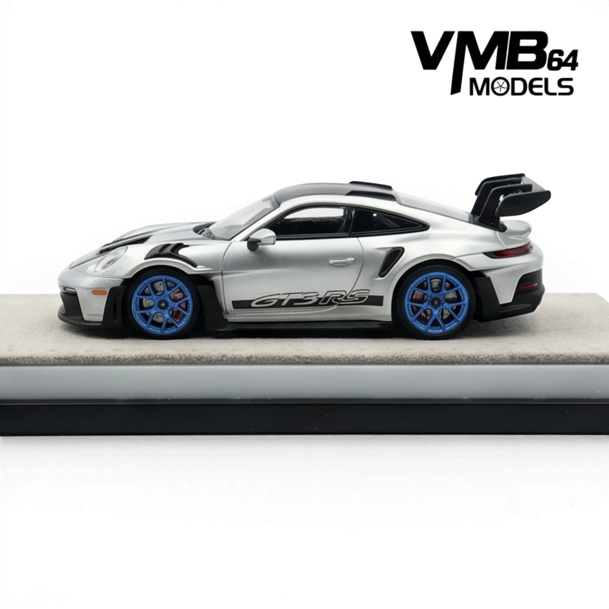 Lot57Supplies Diecast Shop VMB 992 GT3 RS 1:64 scale model in metallic silver with blue wheels and GT3 RS decal.