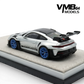 Lot57Supplies Diecast Shop VMB 992 GT3 RS 1:64 scale model in metallic silver with blue wheels and a large rear spoiler.