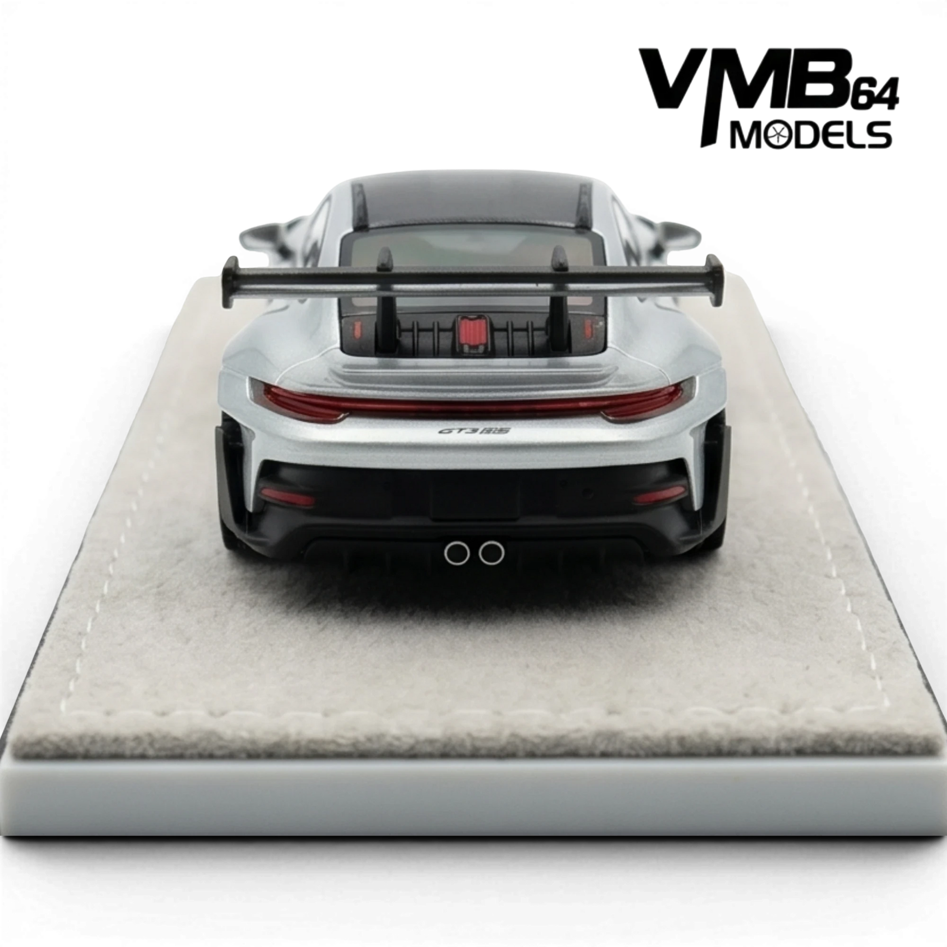 Lot57Supplies Diecast Shop VMB 992 GT3 RS 1:64 scale metallic silver resin model car with large rear spoiler.