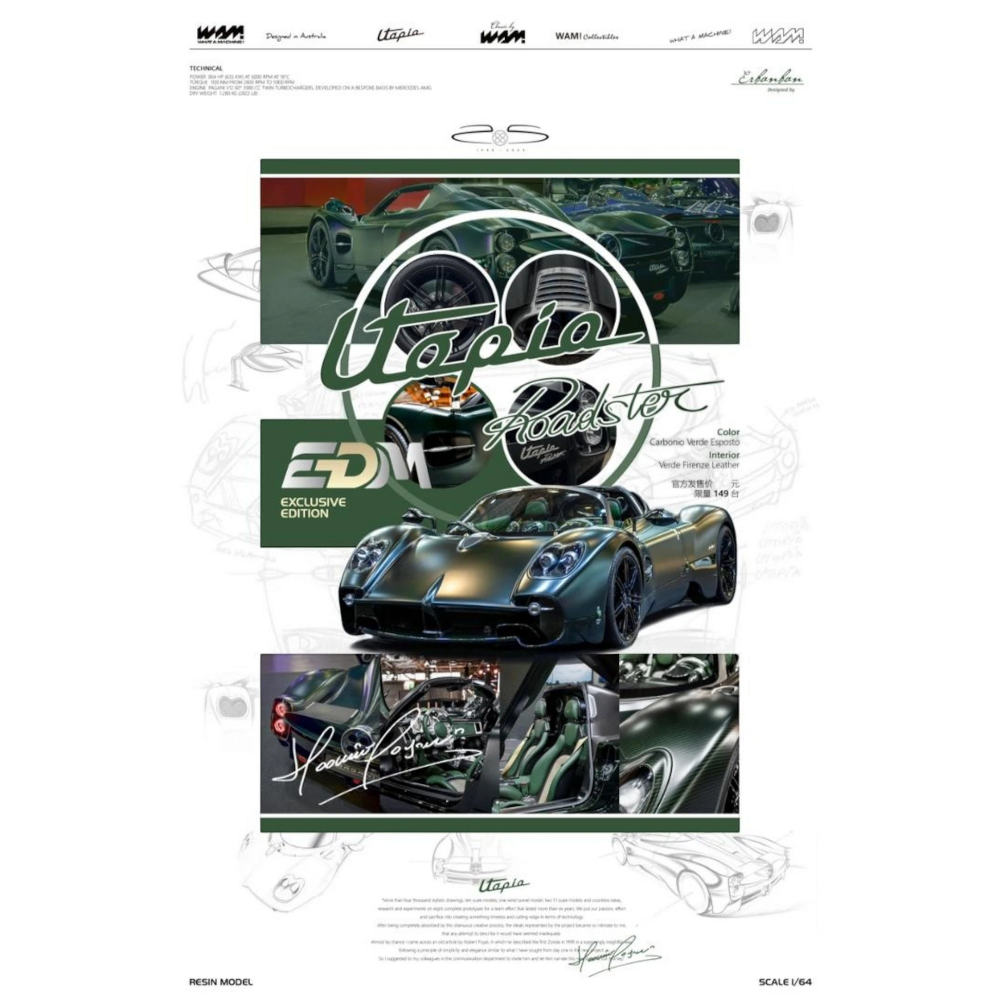 Lot57Supplies Diecast Shop WAM x EDM Pagani Utopia Roadster 1:64 scale resin model in Carbonio Verde Esposto green with intricate carbon fiber details.