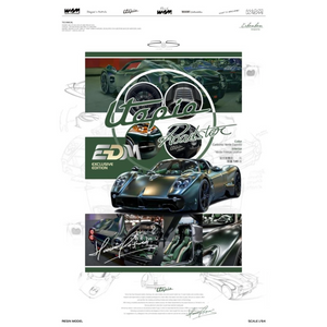 Lot57Supplies Diecast Shop WAM x EDM Pagani Utopia Roadster 1:64 scale resin model in Carbonio Verde Esposto green with intricate carbon fiber details.