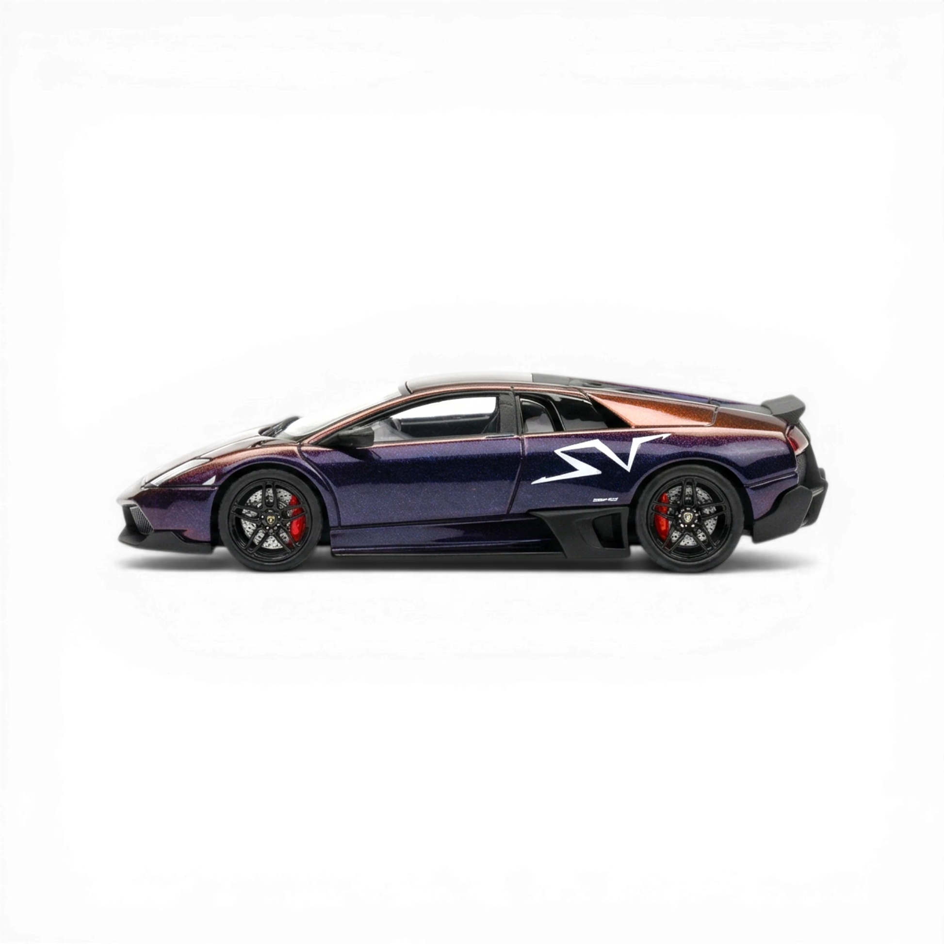 Lot57Supplies 1:64 scale resin model of a blue purple chameleon Lamborghini Murcielago LP670 Ducktail with SV decal and red brake calipers.