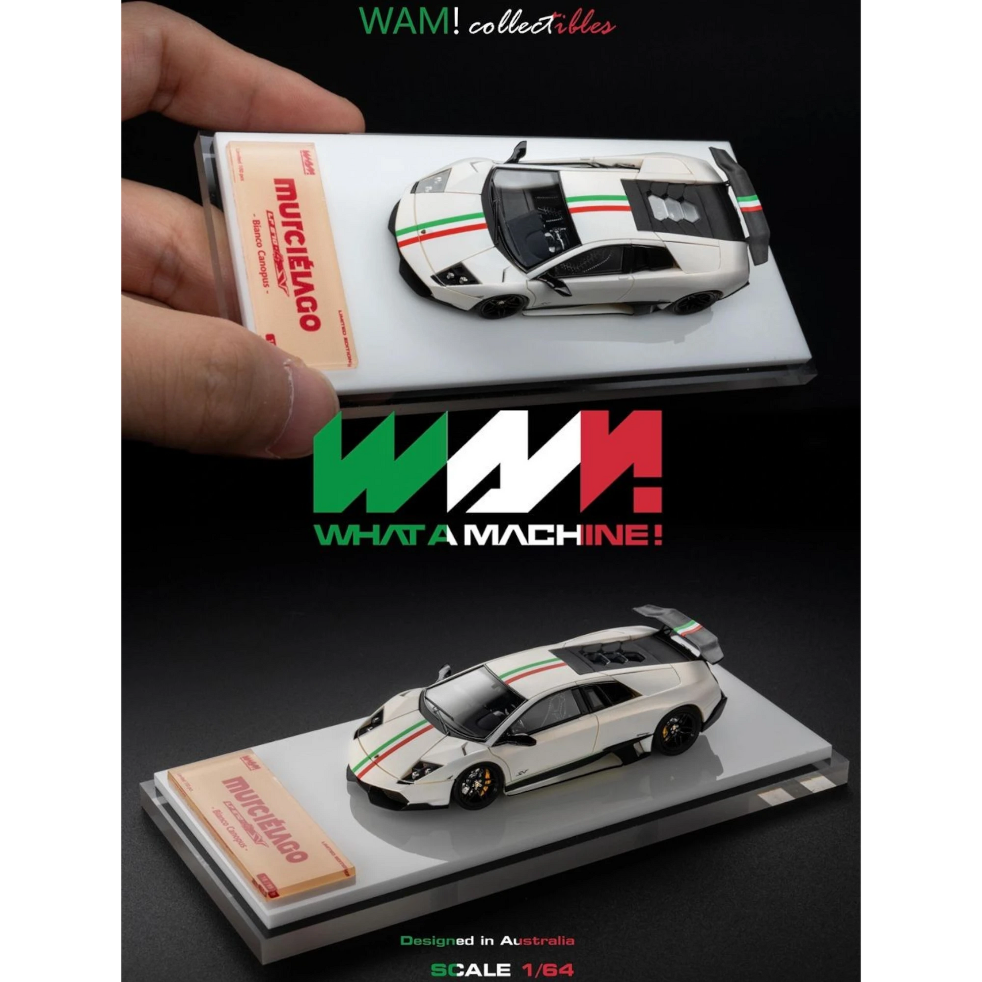 Lot57Supplies Diecast Shop: Matte white 1:64 WAM Lamborghini Murcielago LP670 Ducktail model with Italian flag livery.