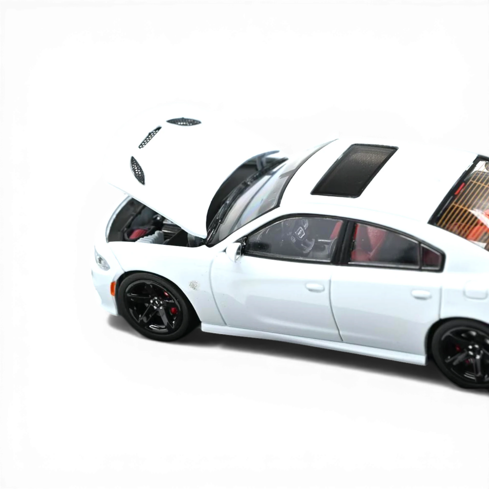 Lot57Supplies Diecast Shop 1:64 white 2023 Dodge Charger SRT Hellcat model with red interior and opening hood.