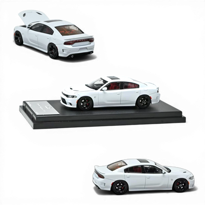 Lot57Supplies Diecast Shop 1:64 scale white 2023 Dodge Charger SRT Hellcat model with red interior and black wheels.