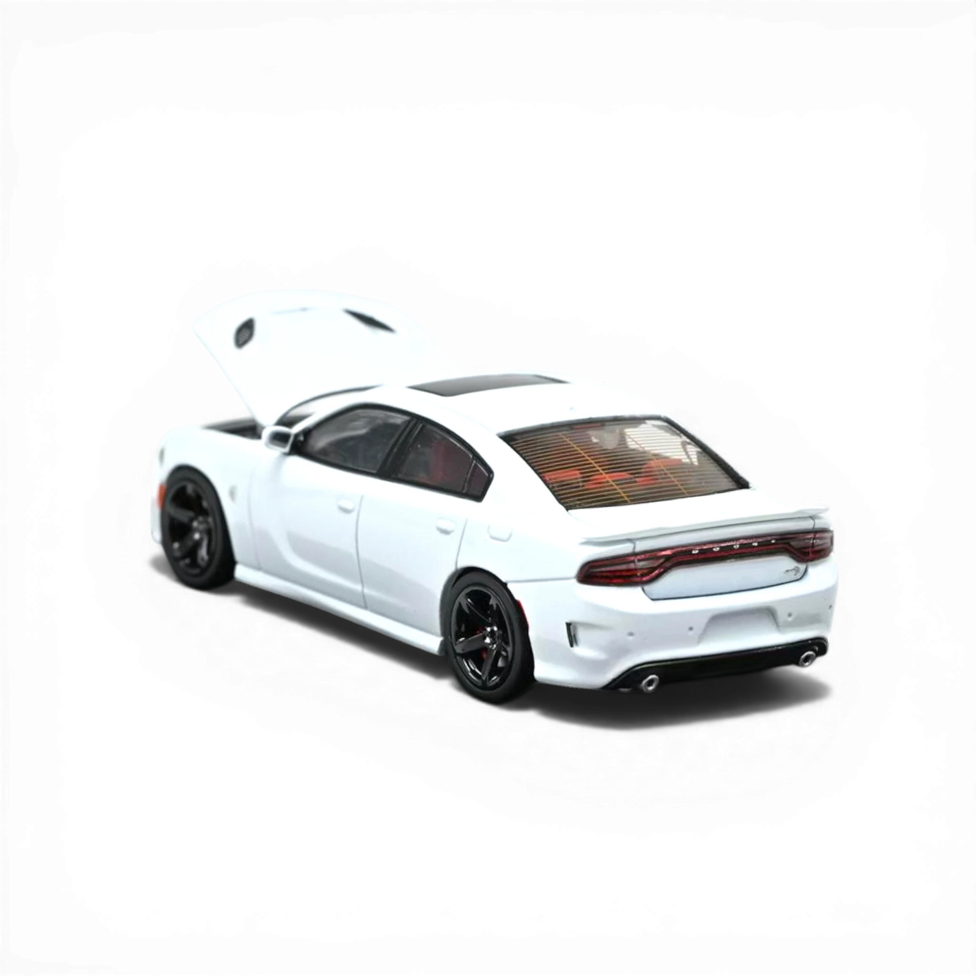 Lot57Supplies Diecast Shop 1:64 white 2023 Dodge Charger SRT Hellcat model with hood open. Diecast metal.