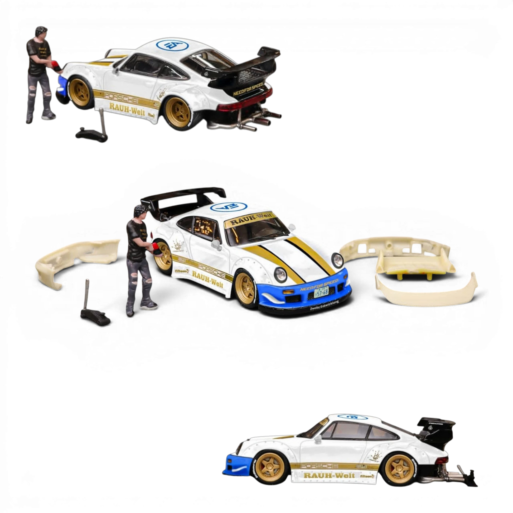 Lot57Supplies Diecast Shop 1:64 white Porsche RWB 930 model car with gold wheels, blue accents, and NFS livery. Includes figure and base.