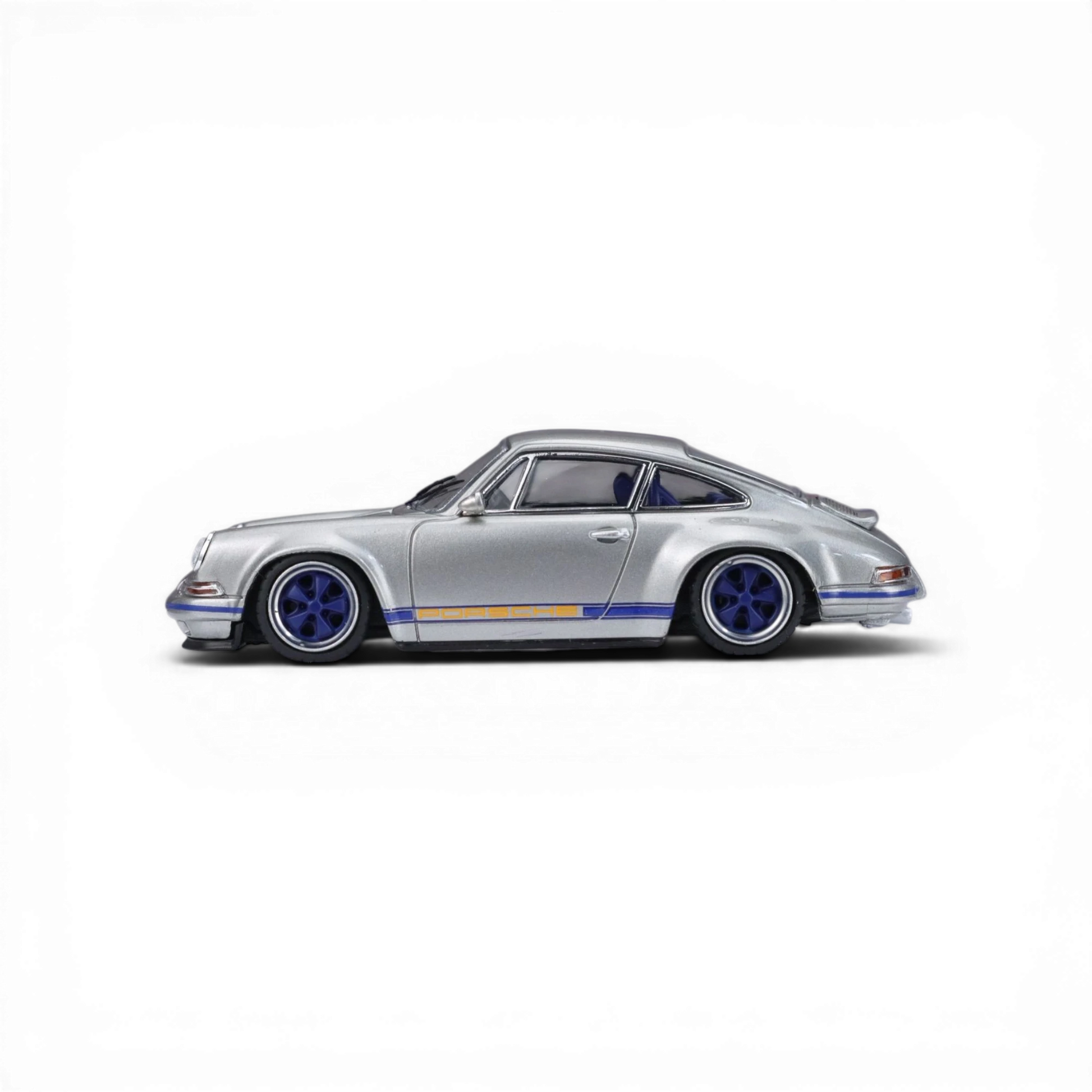Lot57Supplies Diecast Shop: Silver blue striped 1:64 scale Singer Coupe diecast model car with blue wheels.